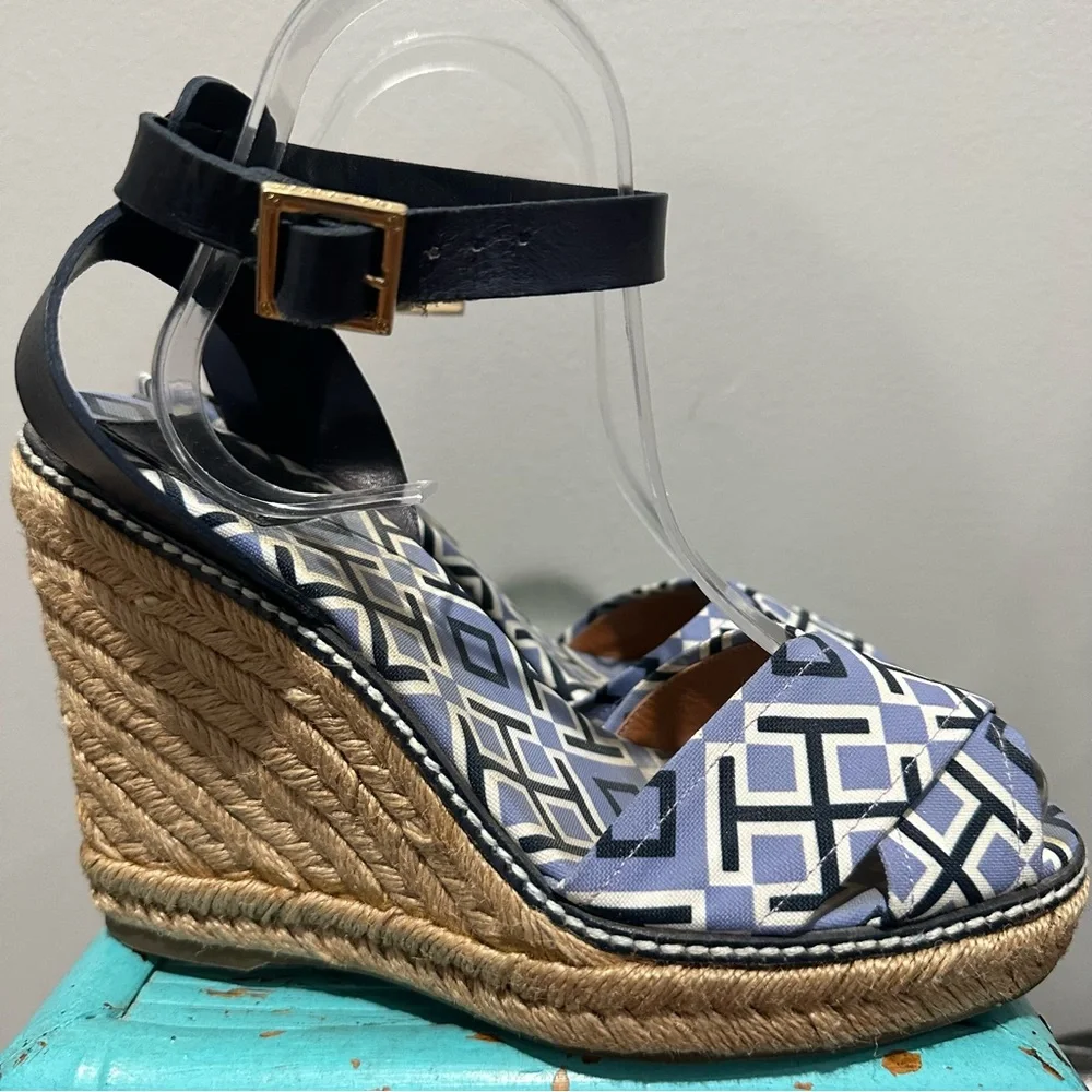 Tory Burch Navy Espadrille Wedge Ankle Strap All Over Logo Print Size 8 B